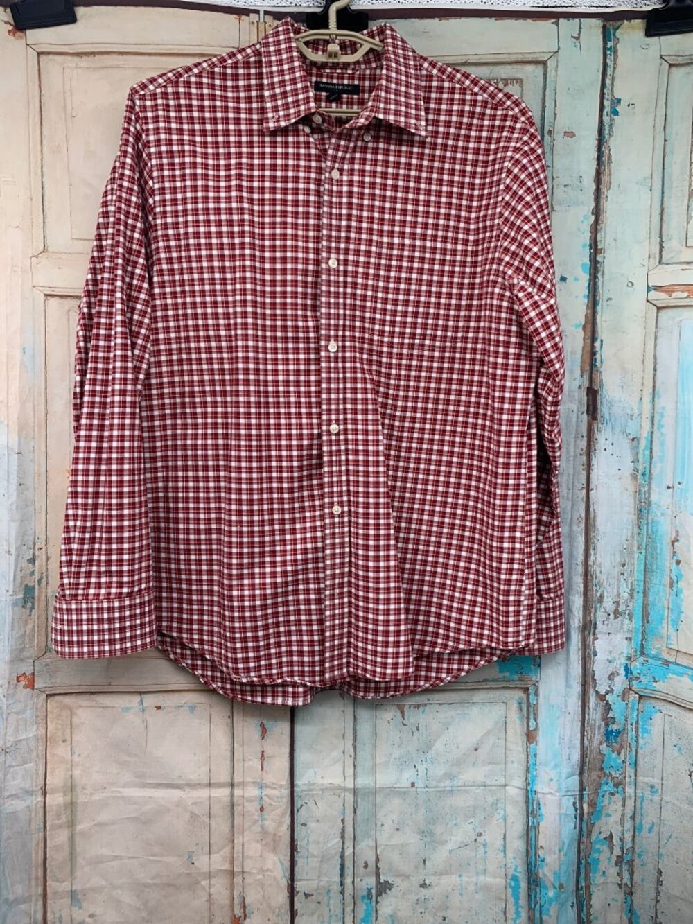 Banana Republic Red & White Plaid Mens Button-Down Shirt XL Long Sleeve 100% Cot